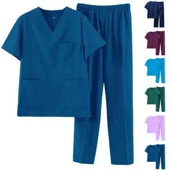 Женский однотонный рабочий топ с коротким рукавом и V-образным вырезом, нагрудным карманом, эластичный пояс, брюки, комплект из двух предметов, 3 кармана, халаты, топы для женщин L синий