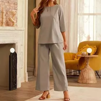 Женский однотонный ретро повседневный топ с круглым вырезом и центральным рукавом, свободные брюки, комплект из двух предметов L хаки