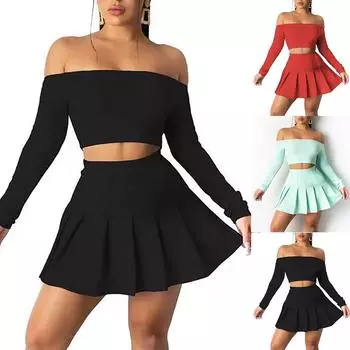 Женский однотонный сексуальный костюм из двух частей с длинным рукавом и коротким платьем Skrit S чёрный