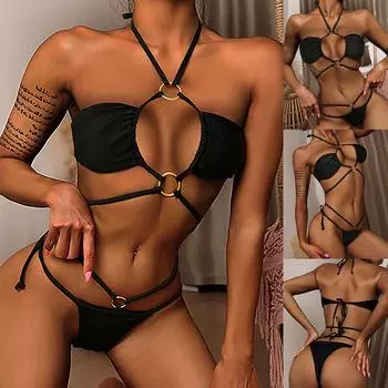 Женский однотонный сексуальный купальник с разрезом в бикини, купальник из двух частей L чёрный