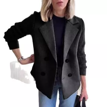 Женский однотонный шерстяной пиджак с длинными рукавами и воротником-стойкой L чёрный