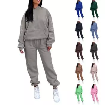 Женский однотонный спортивный комплект с капюшоном и длинными рукавами, домашние брюки, комплект для бега XXL