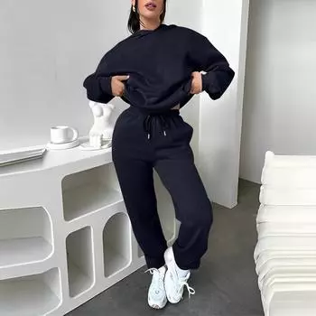 Женский однотонный спортивный комплект с капюшоном и длинными рукавами, домашние брюки, комплект для бега L тёмно-синий