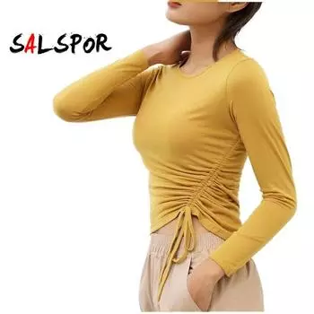 Женский однотонный спортивный топ с длинными рукавами и шнурком для отдыха, высокоэластичный топ для йоги и фитнеса