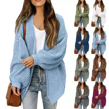 Женский однотонный свитер из грубой шерсти с карманами и рукавами, вязаный кардиган для женщин XL