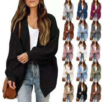 Женский однотонный свитер из грубой шерсти с карманами и рукавами, вязаный кардиган для женщин L