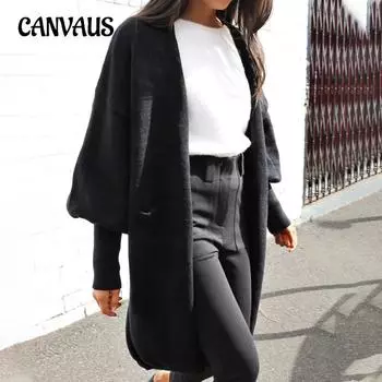 Женский однотонный свитер-кардиган без пуговиц с рукавами-фонариками и перекрестными краями на весну и осень