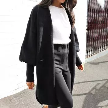 Женский однотонный свитер-кардиган без пуговиц с рукавами-фонариками и перекрестными краями на весну и осень S чёрный