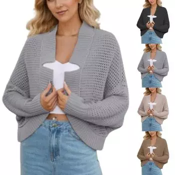 Женский однотонный свитер-кардиган с V-образным вырезом и рукавами «летучая мышь» на осень и зиму L чёрный