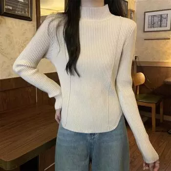 Женский однотонный свитер осень-зима, трикотажный тонкий свитер с полувысоким воротом One Size чёрный