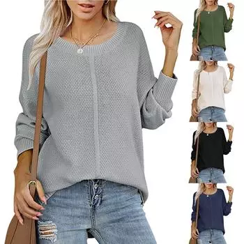 Женский однотонный свитер с длинным рукавом и круглым вырезом, повседневный свободный вязаный пуловер, джемпер M зелёный