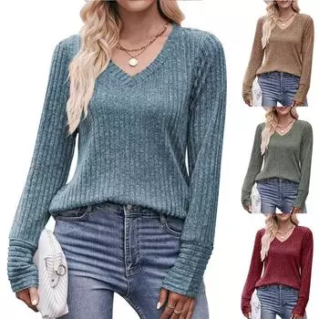 Женский однотонный свитер с длинным рукавом и V-образным вырезом, простая мода с элегантным темпераментным верхом, удобная футболка с начесом и полосками S
