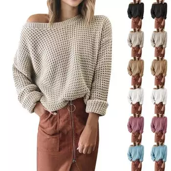 Женский однотонный свитер с длинным рукавом и круглым вырезом, повседневный свободный вязаный пуловер, джемпер L бежевый