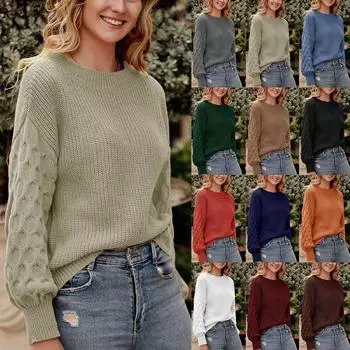 Женский однотонный свитер с длинным рукавом и круглым вырезом, модный повседневный вязаный топ с рукавами S хаки