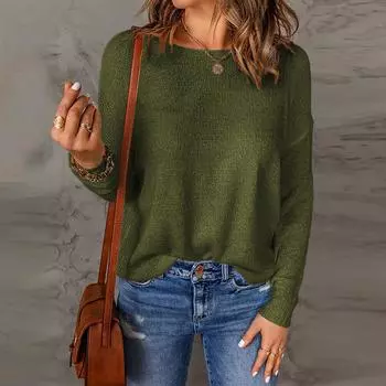 Женский однотонный свитер с длинным рукавом с круглым вырезом и заниженными плечами, трикотажные рубашки, топы M