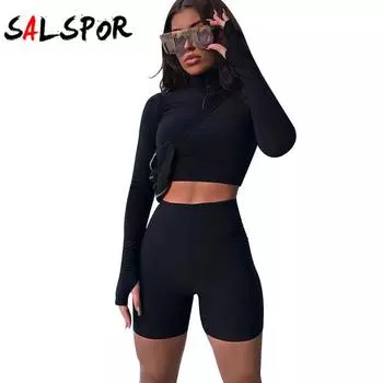 Женский однотонный свитер с длинными рукавами и высокой горловиной на молнии спереди, шорты, модный комплект из двух предметов