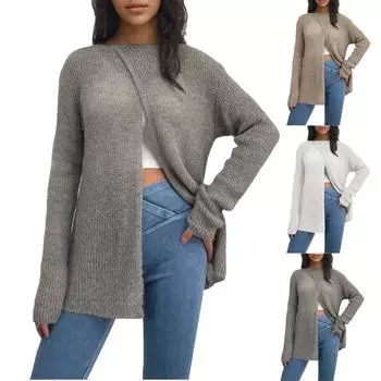 Женский однотонный свитер с длинными рукавами, свободный двусторонний свитер с круглым вырезом L