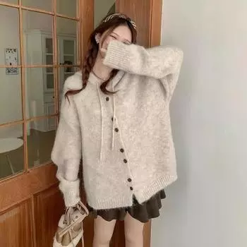 Женский однотонный свитер с капюшоном на пуговицах, осенне-зимняя вязка one size fits all серый