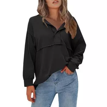 Женский однотонный свитер с круглым вырезом, длинными рукавами, пришитый на пуговицы M чёрный