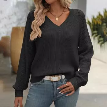 Женский однотонный свитер с V-образным вырезом и длинными рукавами, вязаный свитер L чёрный