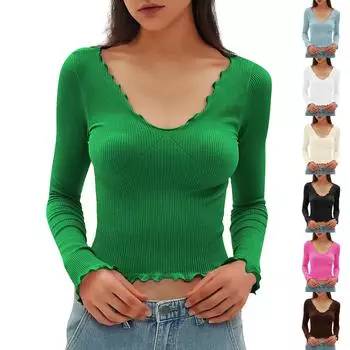 Женский однотонный свитер с v-образным вырезом и длинными рукавами, пуловер, вязаная футболка с внутренним верхом M чёрный