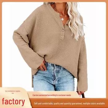 Женский однотонный свитер с V-образным вырезом и пуговицами - европейская/американская уличная мода, большой размер, универсальная верхняя и нижняя одежда S