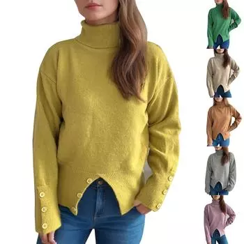 Женский однотонный свитер с высоким воротом и разрезом на пуговицах, приталенный теплый пуловер L