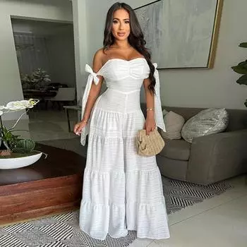 Женский однотонный свободный комбинезон с широкими штанинами и открытой грудью S белый