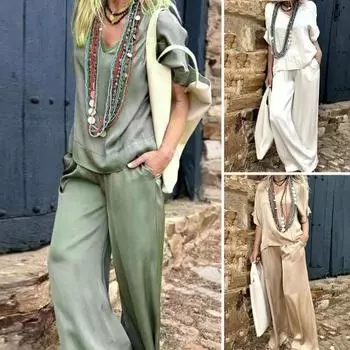 Женский однотонный свободный крой, повседневный наряд, пуловер с v-образным вырезом и половиной рукавов, футболка с эластичной резинкой на талии и карманами, комплект широких длинных брюк XL зелёный