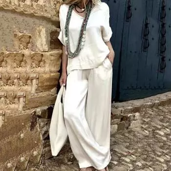 Женский однотонный свободный крой, повседневный наряд, пуловер с v-образным вырезом и половиной рукавов, футболка с эластичной резинкой на талии и карманами, комплект широких длинных брюк XL зелёный