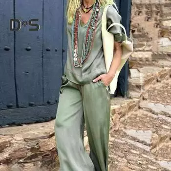 Женский однотонный свободный крой, повседневный наряд, пуловер с v-образным вырезом и половиной рукавов, футболка с эластичной резинкой на талии и карманами, комплект широких длинных брюк XL зелёный