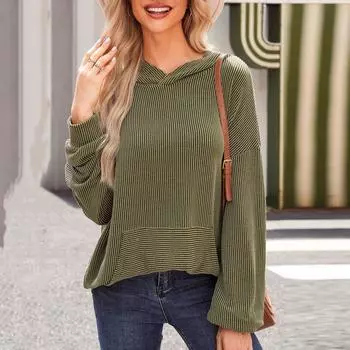 Женский однотонный свободный полосатый топ с длинным рукавом в повседневную одежду с капюшоном L армия зеленый