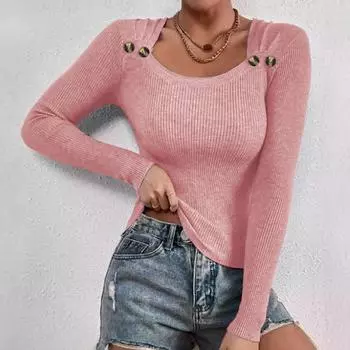 Женский однотонный свободный повседневный свитер с квадратным воротником и пуговицами, вязаный свитер S