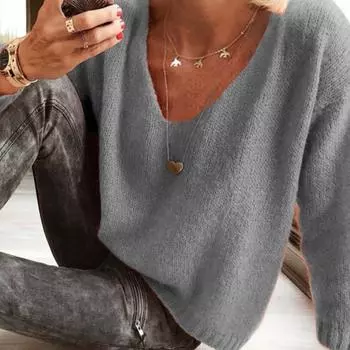 Женский однотонный свободный повседневный свитер с V-образным вырезом и длинными рукавами S серый