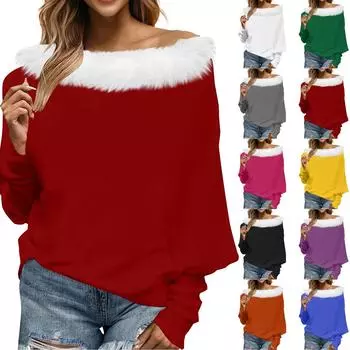 Женский однотонный свободный повседневный топ с открытыми плечами из плюша в стиле пэчворк с линией горловины L армия зеленый