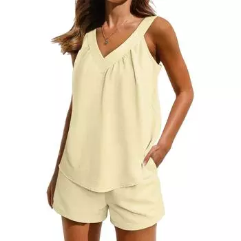 Женский однотонный свободный свитер с V-образным вырезом, без рукавов, повседневный топ с карманами, эластичный пояс, шорты, комплект L бежевый