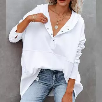 Женский однотонный свободный свитер с V-образным вырезом на весну и осень, повседневный, удобный, с капюшоном 3XL