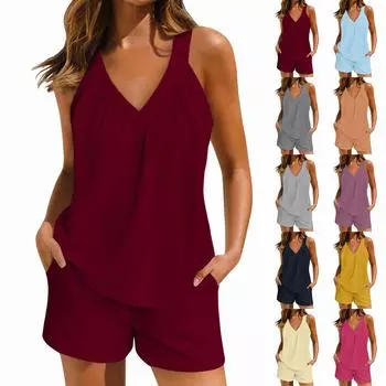 Женский однотонный свободный свитер с V-образным вырезом, без рукавов, повседневный топ с карманами, эластичный пояс, шорты, комплект L бежевый