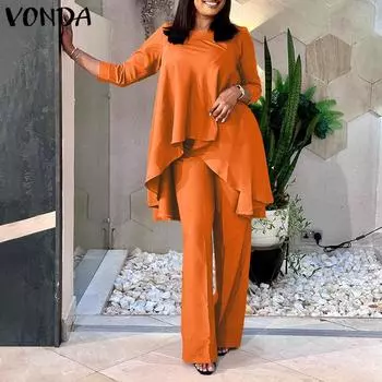 Женский однотонный свободный топ и брюки с круглым вырезом, длинными рукавами и рюшами