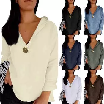 Женский однотонный свободный топ из хлопка и льна с V-образным вырезом, на пуговицах, с капюшоном и длинными рукавами, повседневный топ L чёрный