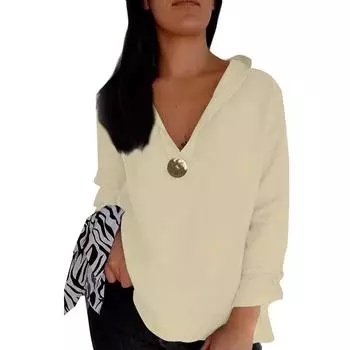 Женский однотонный свободный топ из хлопка и льна с V-образным вырезом, на пуговицах, с капюшоном и длинными рукавами, повседневный топ S хаки