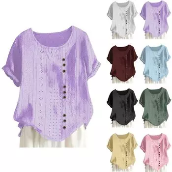 Женский однотонный свободный топ на пуговицах с короткими рукавами и круглым вырезом L