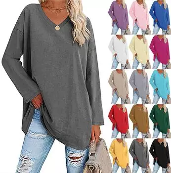 Женский однотонный свободный топ с V-образным вырезом и длинными рукавами с заниженными плечами XXL розовый