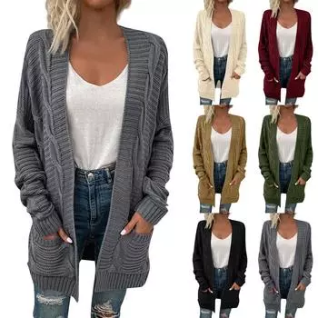 Женский однотонный свободный трикотажный кардиган средней длины с длинным рукавом для женщин L армия зеленый