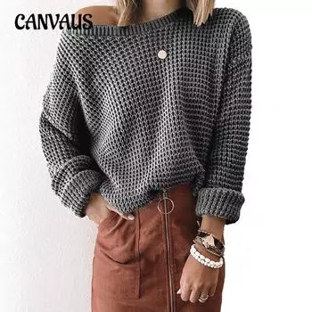 Женский однотонный свободный трикотажный топ с косым вырезом и длинными рукавами на осень и зиму, свитер больших размеров S белый