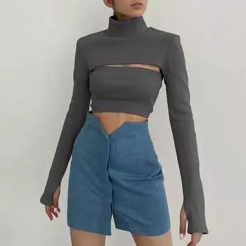 Женский однотонный тонкий свитер с высоким воротником, осенний полый свитер с длинными рукавами, пуловер, женский сексуальный модный топ S белый