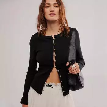 Женский однотонный тонкий топ с длинными рукавами и круглым вырезом на пуговицах для осени и зимы S белый