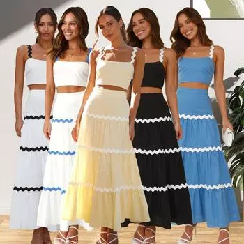 Женский однотонный топ без бретелек на бретельках, повседневный, с простым волнистым принтом, большая юбка-качеля, комплект из двух предметов, размер S-XL M