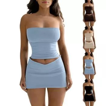 Женский однотонный топ без рукавов, узкая короткая юбка, комплект из 2 предметов L бежевый