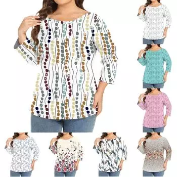 Женский однотонный топ больших размеров с круглым вырезом и рукавами 3/4 XXL бежевый